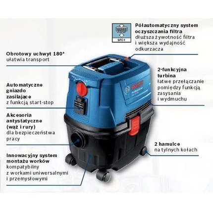 BOSCH ODKURZACZ 1100W 15L GAS 15 PS AUTOMATYCZNE GNIAZO ZASILAJĄCE