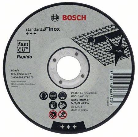 BOSCH TARCZA TNĄCA PROSTA STANDARD FOR INOX - RAPIDOWA 60 T BF, 125 MM, 22,23 MM, 1,0 MM