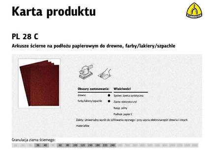 KLINGSPOR ARKUSZE ŚCIERNE NA PODŁOŻU PAPIEROWYM 230mm x 280mm PL28C gr.180 /50szt.