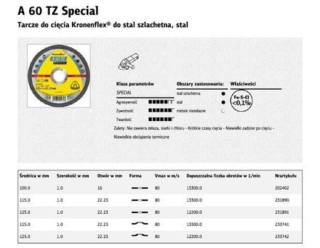 KLINGSPOR TARCZA DO CIĘCIA METALU 125mm x 1,0mm  A60 TZ Special