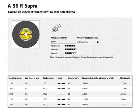 KLINGSPOR TARCZA DO CIĘCIA METALU 125mm x 2,0mm x 22,2mm  A36R Supra INOX