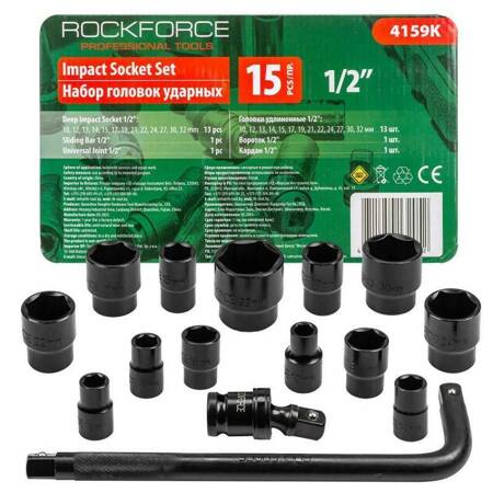 ROCKFORCE NASADKI UDAROWE kpl. 15el.1/2"  6-KĄT. (10-32mm)