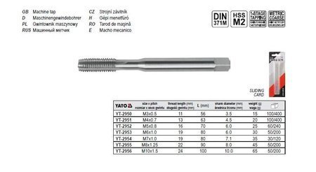 YATO GWINTOWNIK MASZYNOWY M8, DIN 371 HSS M2  2955