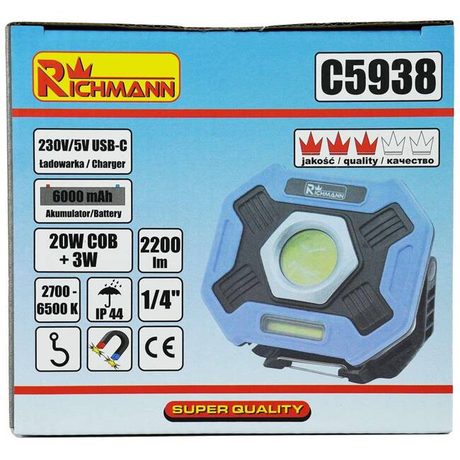 LAMPA HALOGENOWA AKU. 20W LED, 2200 LM RICHMANN C5938