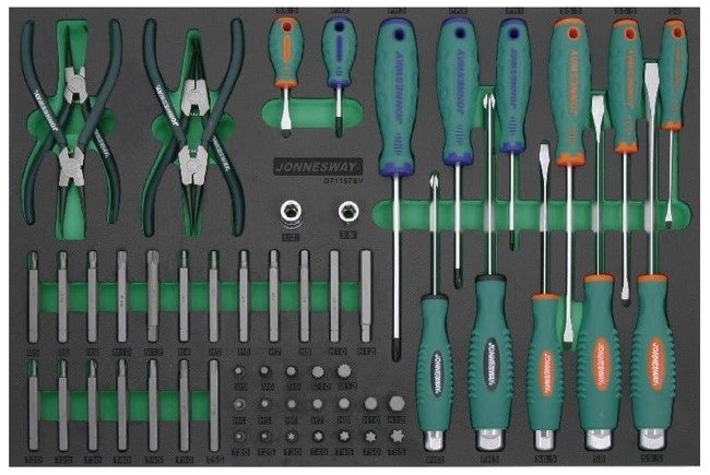 Zestaw szczypiec Seegera, wkrętaków i bitów 57 szt. we wkładce EVA Jonnesway D71157SV